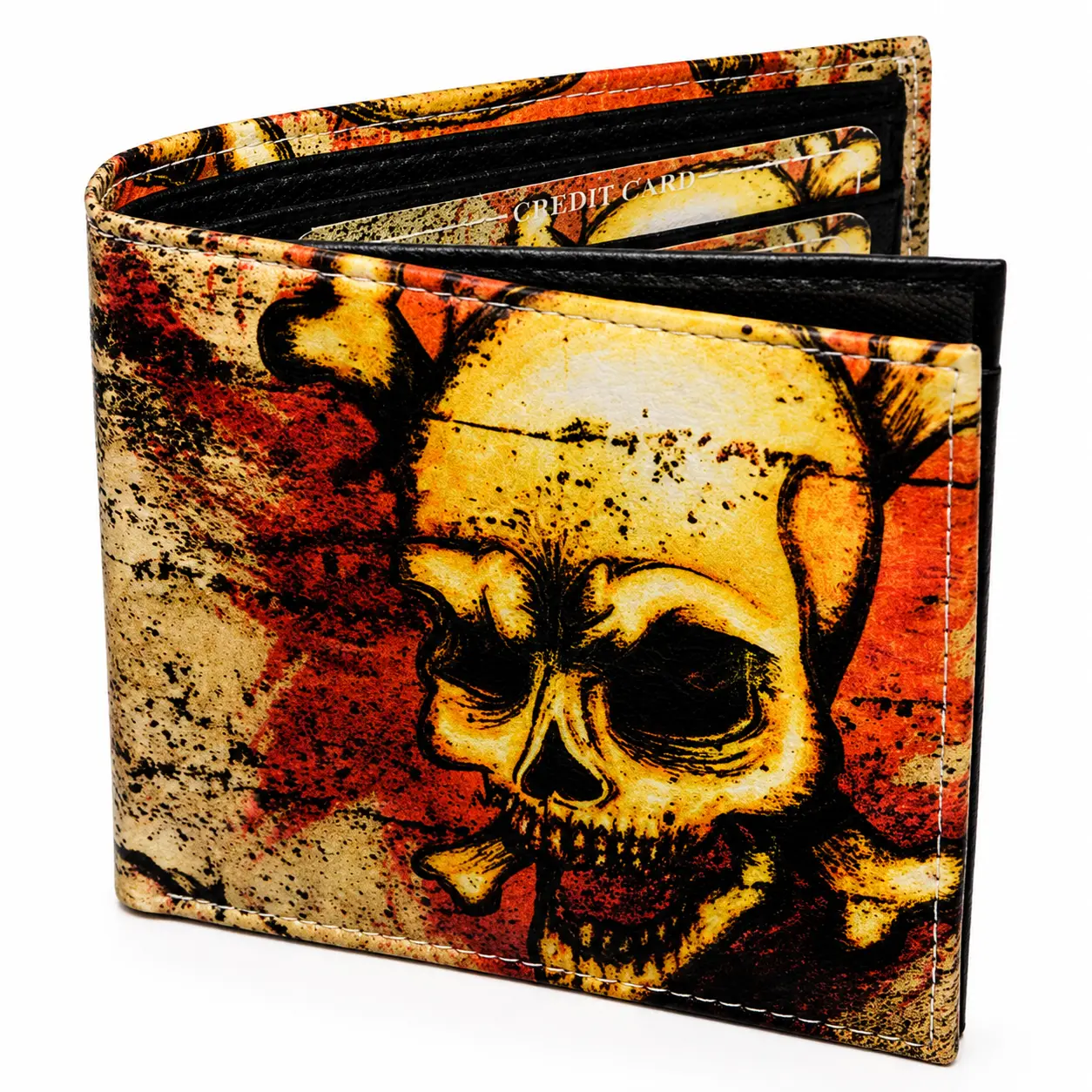 Leatherboss Men's Fashionable Exotic Skull Print Bifold Wallet - Eye-Catching Graphic Cardholder, Holiday Gift for Him, Comes with Printed Gift Box, Fashionable Wallet, Mens Wallet