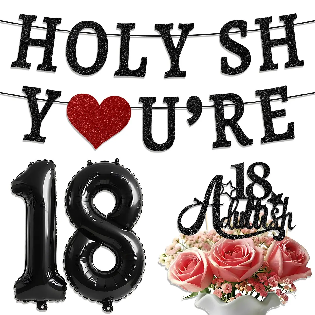Funny 18th Birthday Decorations for Girls and Boys, Glittery 18th Birthday Banner, Cake Topper & 18 Balloon Numbers Set, Perfect Party Supplies, Adultish Cake Topper, Party Pack