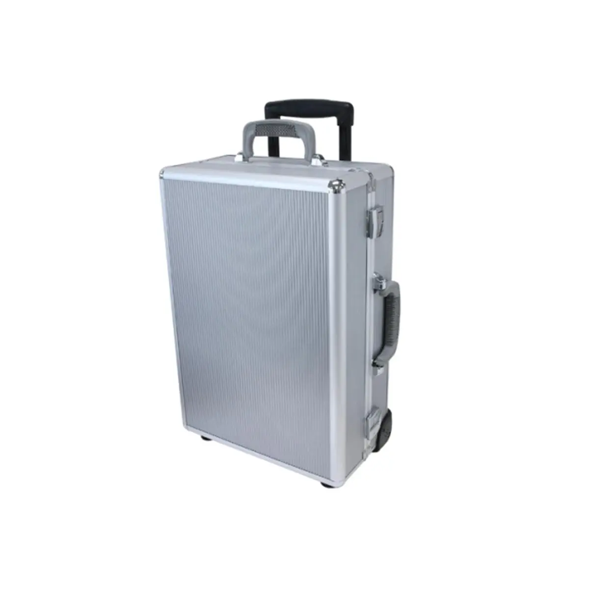 TZ Case Wheeled Laptop Organizer Case for Adults - Silver Stripe Panels, Aluminum, Carry-On Size (7" H x 14" W x 19.5" L), Pull-Up Handle Wheels, Removable Dividers, 2 Key Lock Latches, 12 lbs Capacity, Built-In Organizer, Padded Interior, Metal