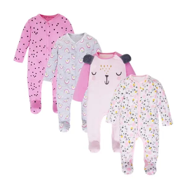 JY.COZY FOR BABY Girls' 4-Pack Footie Pajamas, Breathable Cloud-Soft Cotton Sleep & Play with 2-Way Zipper for Newborn & Infant, Cute Prints, Long Sleeve Shirt, Crew Neck