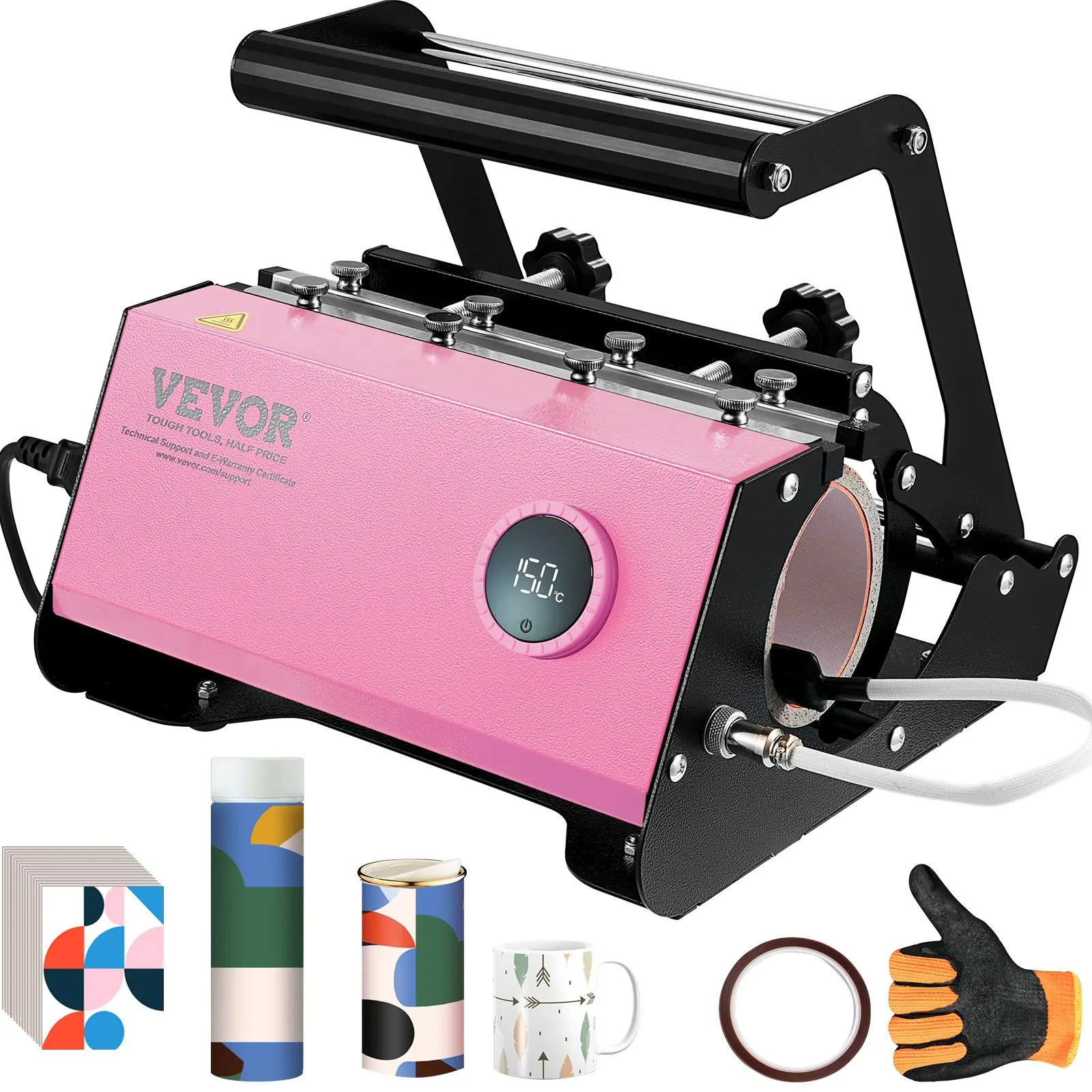 【Summerfinds】VEVOR Mug Heat Press,  , 11-30oz Tumbler Heat Press Machine, Sublimation Transfer Straight Skinny Tumblers, Cup Heat Press with Heat-resist Gloves & Tape, DIY Ceramic Mugs Cups Glasses, As Gift, Pink