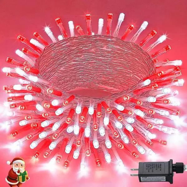 JMEXSUSS Connectable 100 LED Red and White Christmas Lights with 8 Modes | Twinkle String Lights Indoor, Clear Wire Plug-in Christmas String Lights Outdoor Waterproof for Christmas