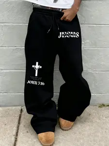 Men's Wide Leg Sweatpants, Jesus Saves Slogan, Cross Bible Print, Faith Street Style, Fleece Fabric, Casual All Seasons Wear