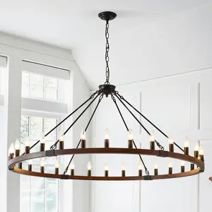 30-Light Wagon Wheel Farmhouse Modern Matte Black & Wood Chandelier Light Fixture, Adjustable Hanging Ceiling Light for Dining Room Kitchen