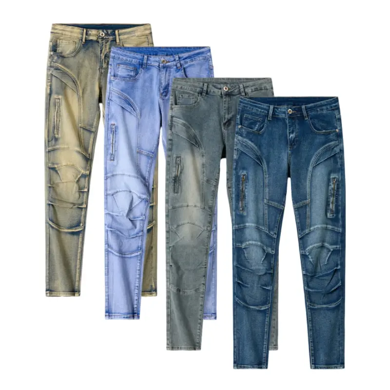 Men’s High-Stretch Biker Denim Jeans, Slim Straight Motorcycle-Inspired Pants with Zipper Utility Pockets, Paneled Knees and Vintage Wash for Everyday Wear