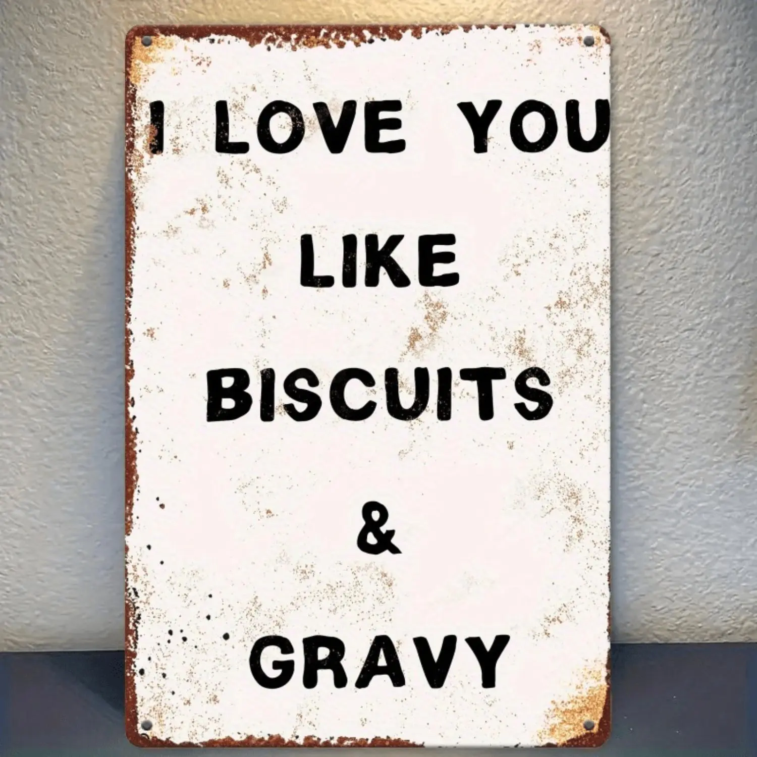 Vintage "I Love You Like Biscuits & Gravy" 2D Flat Metal Tin Sign - 7.87x11.81in Rustic Farmhouse Wall Decor, Distressed Humorous Print, Vibrant Durable Iron Indoor-Outdoor Kitchen Art, Pre-Drilled Hole, Wall Decor Ideas for Home, Cafe