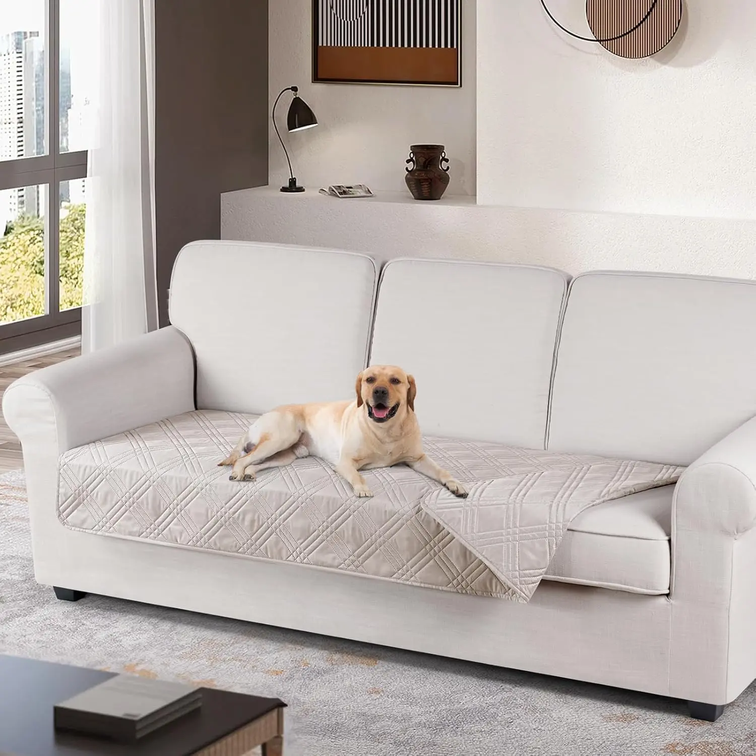 Sofa Cushion Cover Reversible Couch Seat Cover for Dogs Pets Couch Cover for Chaise Sectional Sofa U Shape Sofa Furniture Protector Sofa Slipcover (Cream)