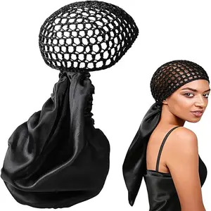Detachable Satin Hair Wrap and Net Duo Adjustable Band for Silk Press Curls Braids Reversible Satin Sateen and Handmade Netting