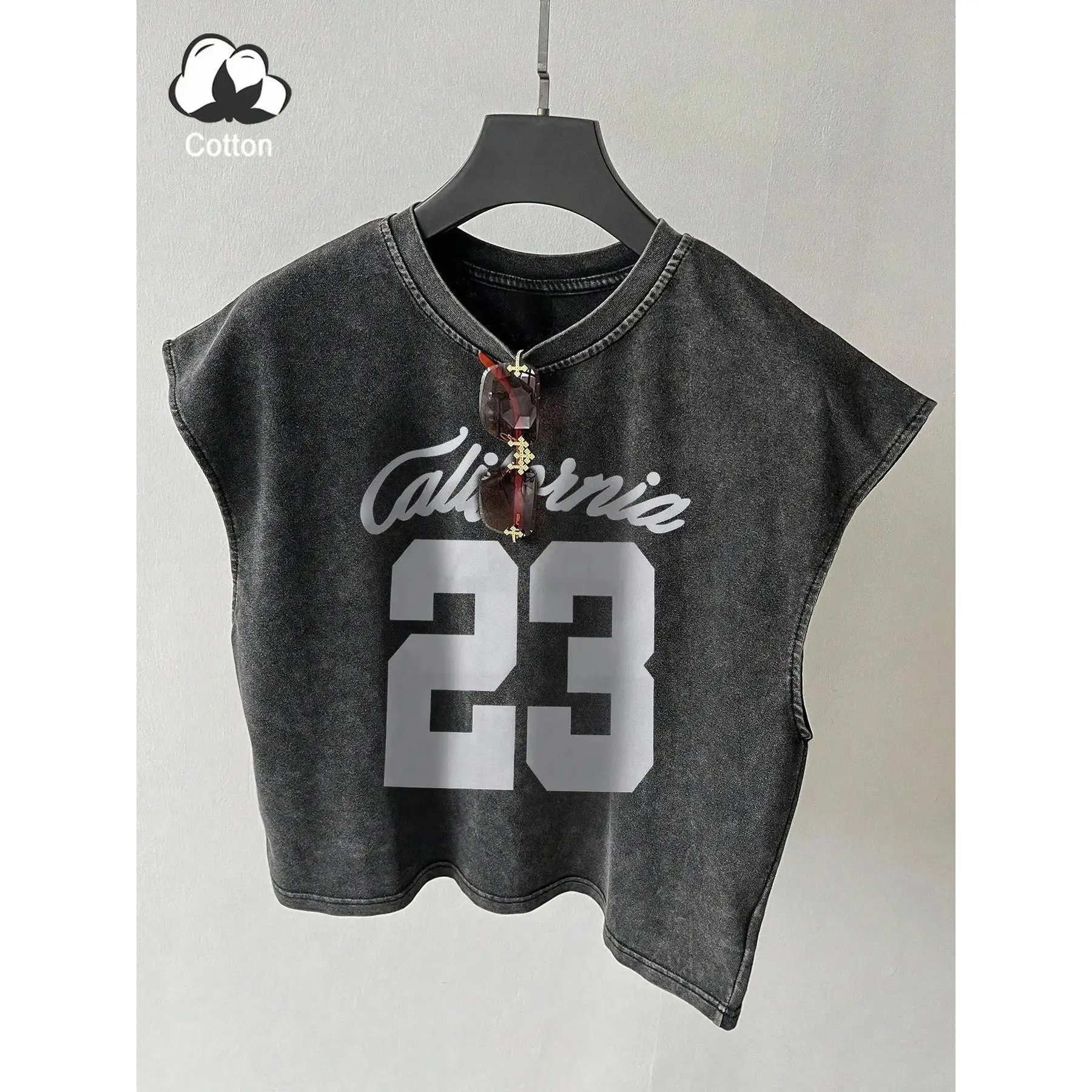 Men's Vintage Washed Cotton Black Graphic Print Vest - Breathable, Loose, 23 Culture Design, Menswear Casual Top, Retro Street Style, Summer Daily Outdoor Wear, Black Graphic Print Vests