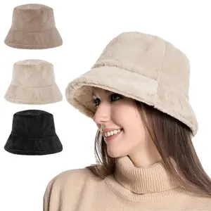 Winter Bucket Hat Fluffy Faux Fur Fisherman Cap for Women Men Solid Color Style