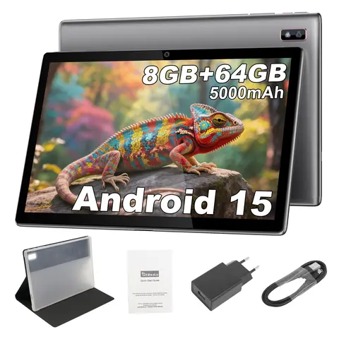 BYYBUO 10.1-Inch LCD Tablets - Android 15, 8GB+64GB, 1.6GHz Quad-Core CPU, 8MP Rear/5MP Front Cameras, 3.8V 5000mAh Lithium Ion Built-In Batteries, WiFi 802.11g, Bluetooth, Type C Port, Protective Case, Touchscreen, US Plug, SIM Card Not Supported