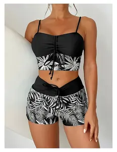 Women's Modest Swimsuit Two Piece  Leaf Print Swim Shorts Set, Plus Size Bathing Suits for Beach, Pool, Swimming, SPA, Conservative Swimwear