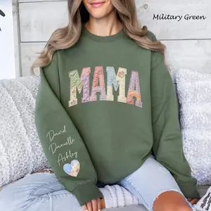 Personalized Mama Faux Patchwork Mama Sweatshirt, Custom Mama Tee With Kids Names, Mothers Day Gift, Floral Mom T-Shirt