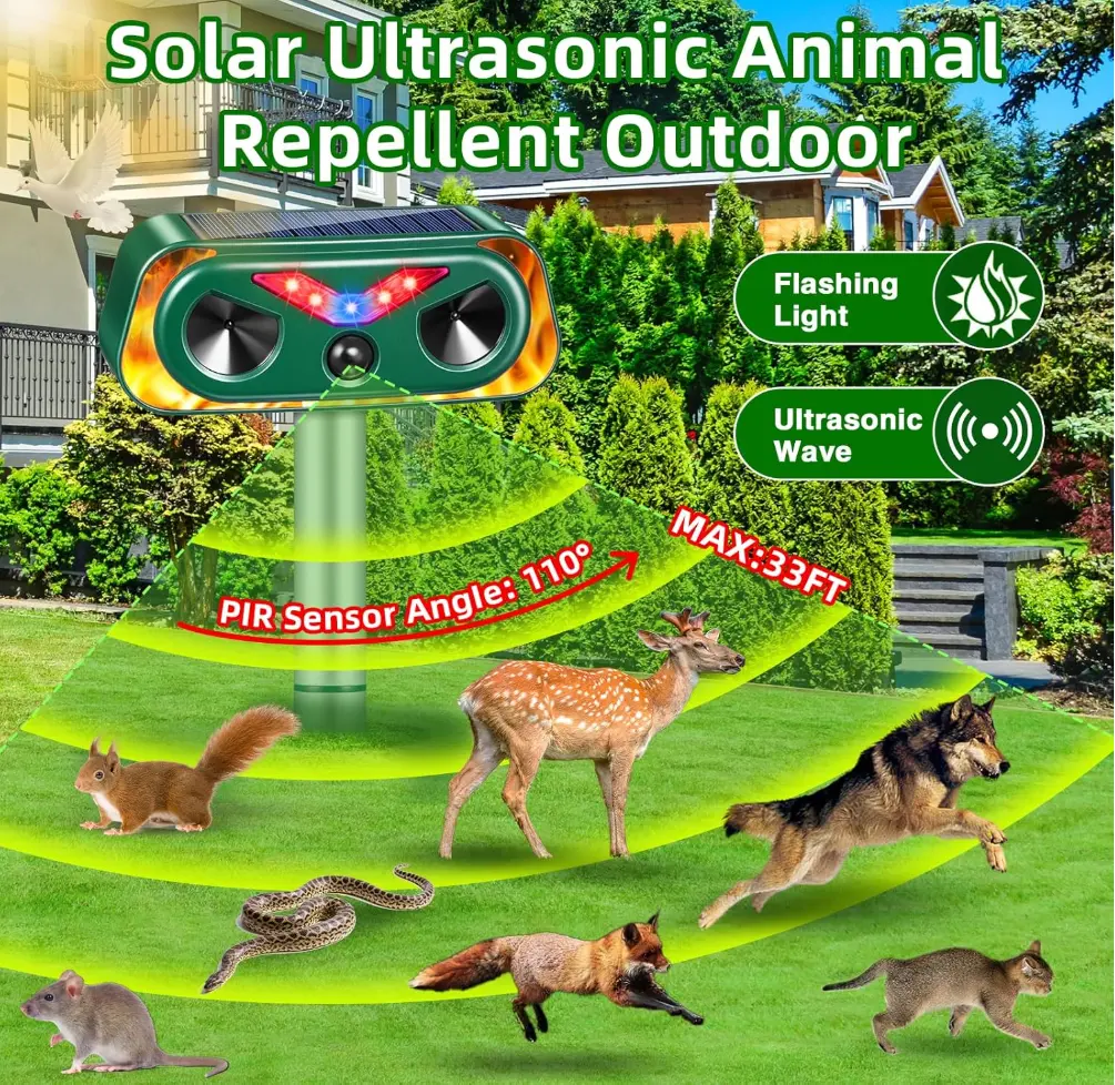 Solar Ultrasonic Flame Lamp Animal Repeller - 3-9M PIR Motion Sensor, IP66 Waterproof Outdoor Pest  for Yard, Garden Repels Squirrels, Deer, Birds, Rats, Weasels control mosquito magnet stake