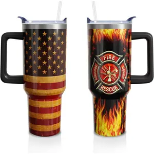 40oz Insulated Double-Wall Stainless Steel Tumbler Water Bottle with Insulation, Handle, Lid and Straw - Portable Firefighter Gift (1 PC) Tumbler Insulated Kitchen Drinkware