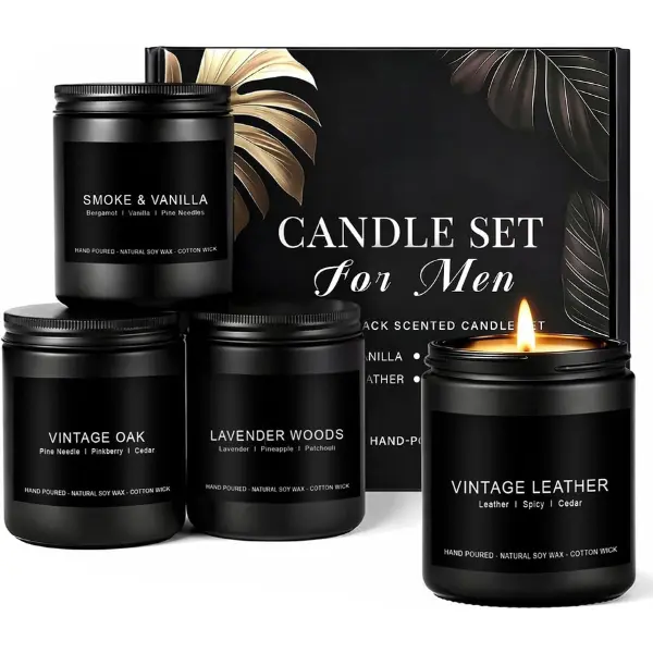 Halloween Fall Gifts Candles for Men Gift Set, 4 Pack Masculine Scented Soy Candles for Men, Leather, Smoke, Oak & Lavender Scents, Aromatherapy Candle Gift Set for Dad, Husband, Boyfriend, Birthday