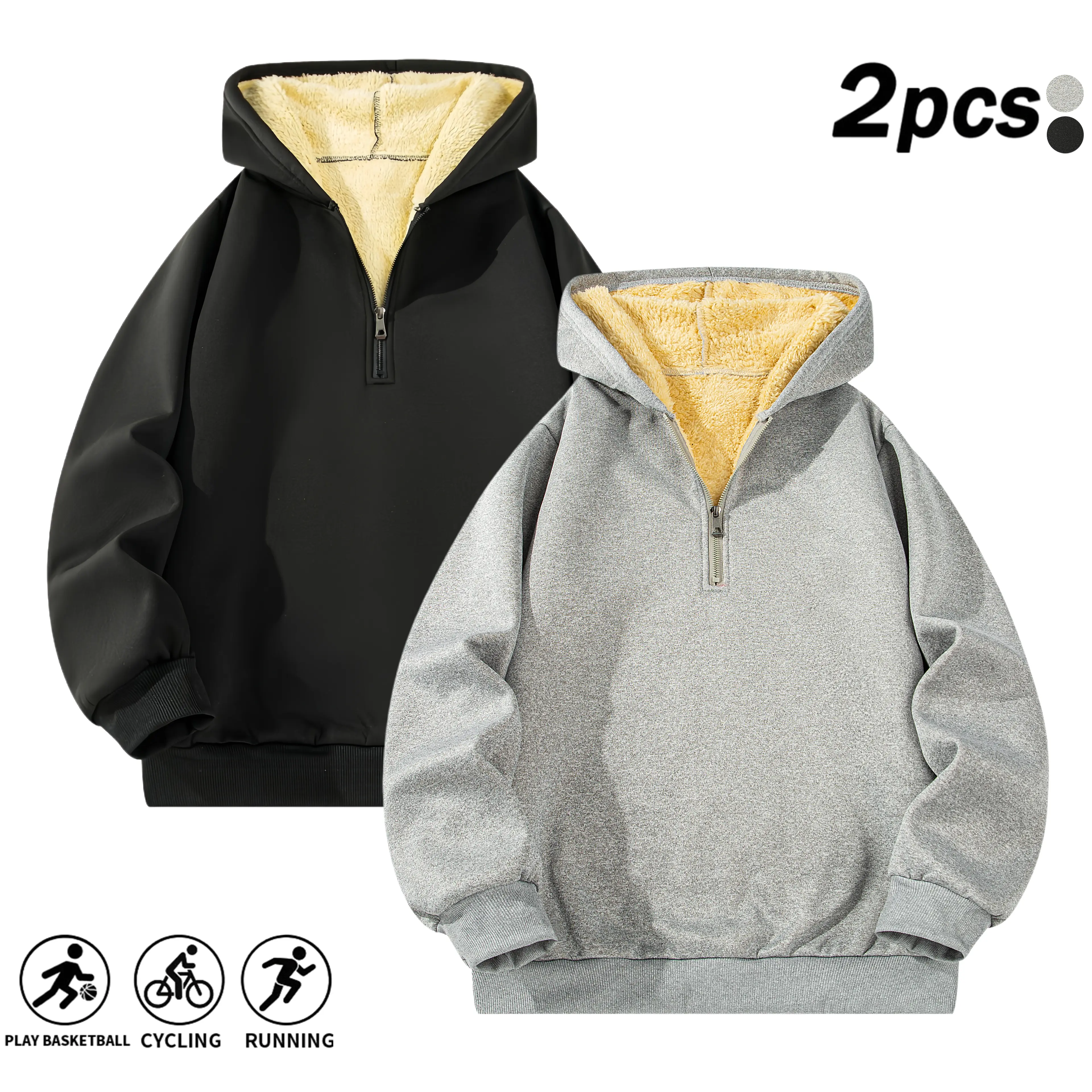 Men's 2-Pack Autumn Winter Quarter-Zip Hooded Sweatshirts, Solid Thick Fleece-Lined Thermal Pullovers, Drop-Shoulder Long-Sleeve Warm Tops for Daily Sports