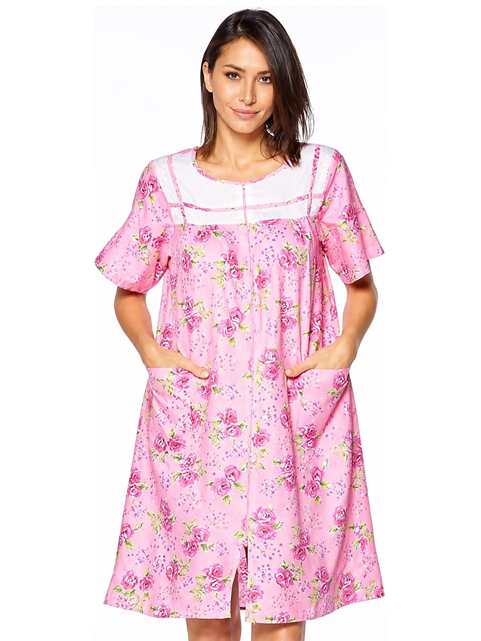 Casual Nights Women's Embroidered Seersucker Housecoat, Breathable Polyester Blend Duster with a Zipper-Front for Maternity Wear, Embroidery, Warmer, Soft, Cap Sleeves, Short Sleeve Tops, Loungewear, Mother's Day, Scoop Neck, Birthdays, Cotton Blend