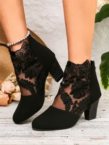 Sexy Lace Short Boots, Chunky Heel Non-Slip, Floral Embroidery Party Shoes, Fashion Cool Boots, Slimming High-Heeled Booties, Embroidered Boots