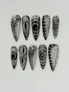 Black and Silver Swirl Gothic Press On Nails Handmade 3D Luxury Stiletto Set