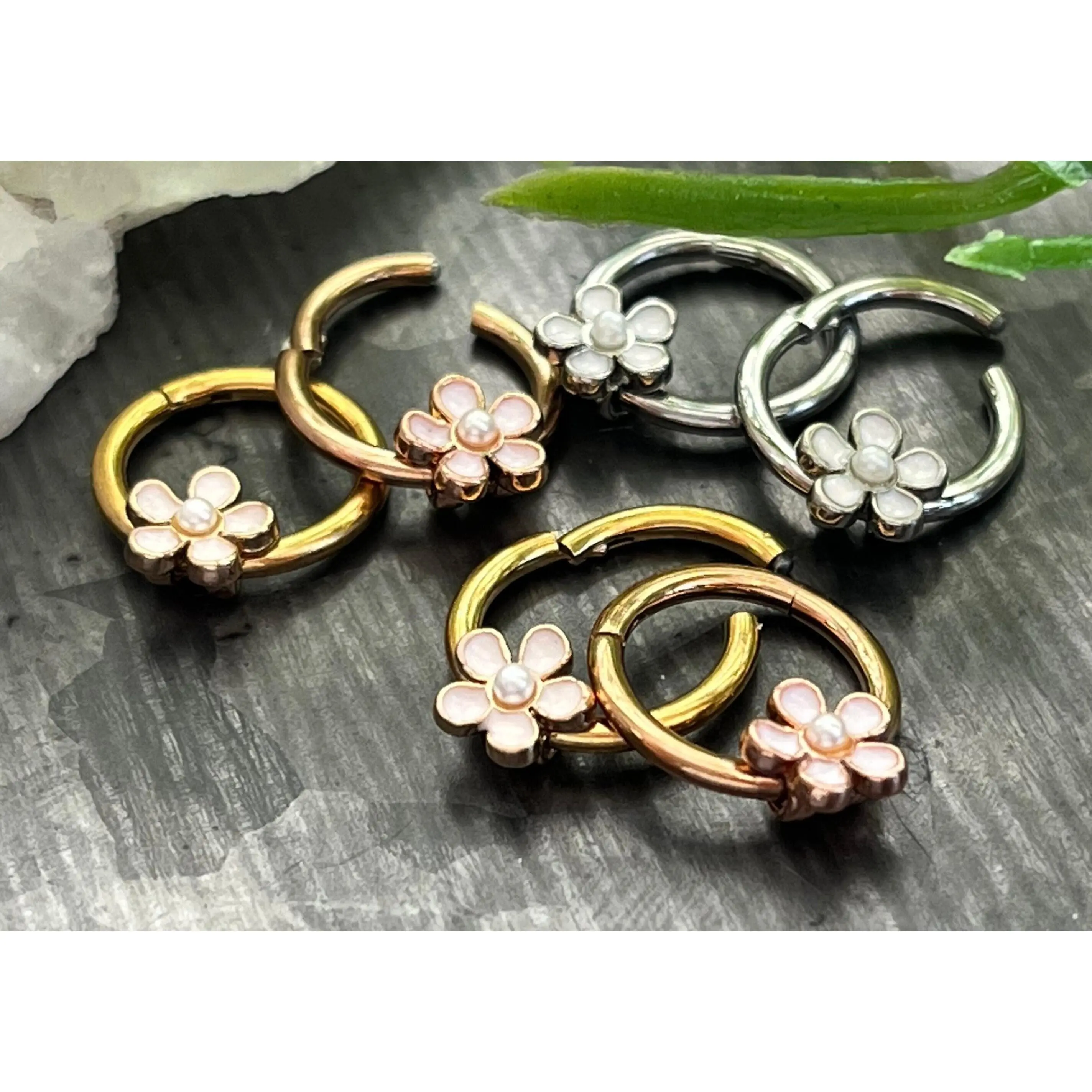 1 Piece Enamel Flower Hinged  Steel Segment Septum Ring - 16g - 8mm Gold, Rose Gold or Steel!