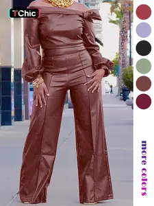 Two-Piece Set Women's Spring Casual Plain Off Shoulder Knot Front Bishop Sleeve Blouse & Wide Leg Pants Set, Solid Color Long Sleeve Top & Trousers Set for Fall, Women's Clothes