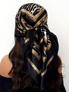 1 piece Women's 35.4×35.4 inch Satin Retro Leopard Print Square Scarf, Imitation Silk Simple Versatile Thin Silk Scarf, Travel Sun Protection Square Scarf Shawl, Square Head Scarf