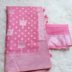 Linen Cotton Saree in Pink with Elegant Embroidery and Matching Blouse Piece for Festive Wear