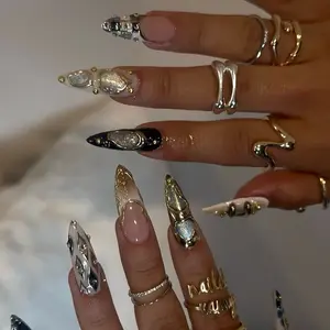 SHEDARES Metallic Chrome – Luxury Press-On Nails with Crystals, Pearlescent Shine & Sculpted Metal Art – Perfect for Night Out & Special Events