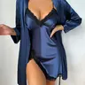 【Black Friday】Two-piece Set Women's Solid Belted Satin Robe & Contrast Lace Split Thigh Fitted Cami Nightdress, Soft Nightgown, Comfy Drop Shoulder Long Sleeve Robe & Cami Nightdress Set, Women's Sleepwear & Loungewear for Spring & Fall