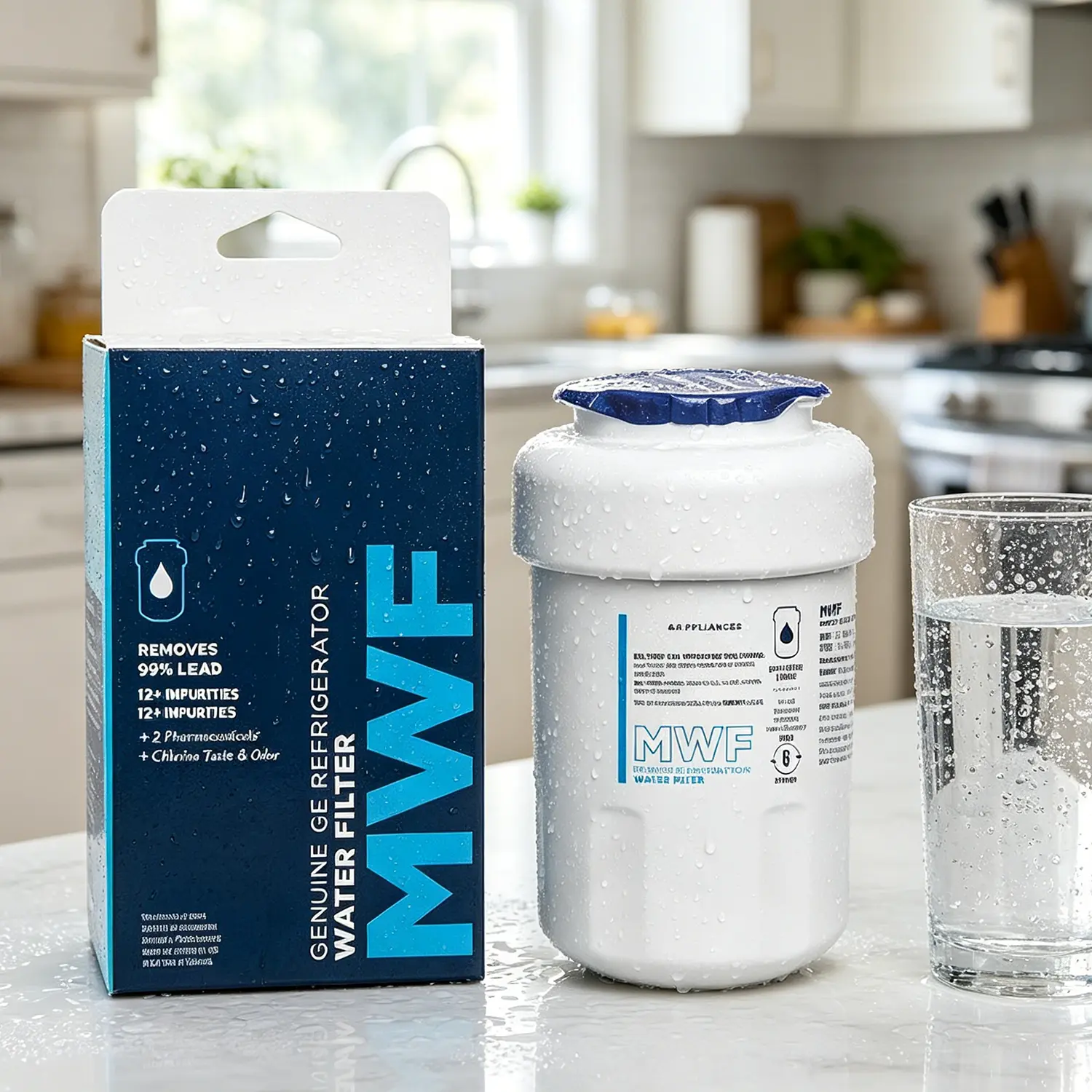 1pcs New Refrigerator Water Filter Replacement - Direct Fit, Standard Shape for GE MWF, SmartWater MWFP, MWFINT, MWFA, GWF, 197d6321p006, HDX FMG-1, Kenmore 9991, WFC1201, GSE25GSHECSS Water Filtration (No Battery)