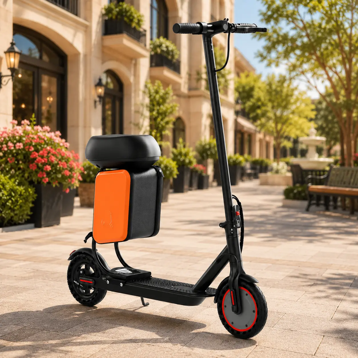 Adult Electric Scooter with Seat and Storage Bag, 350W Motor, Up to 19 MPH, Smart App, Cruise Control and Dual Braking