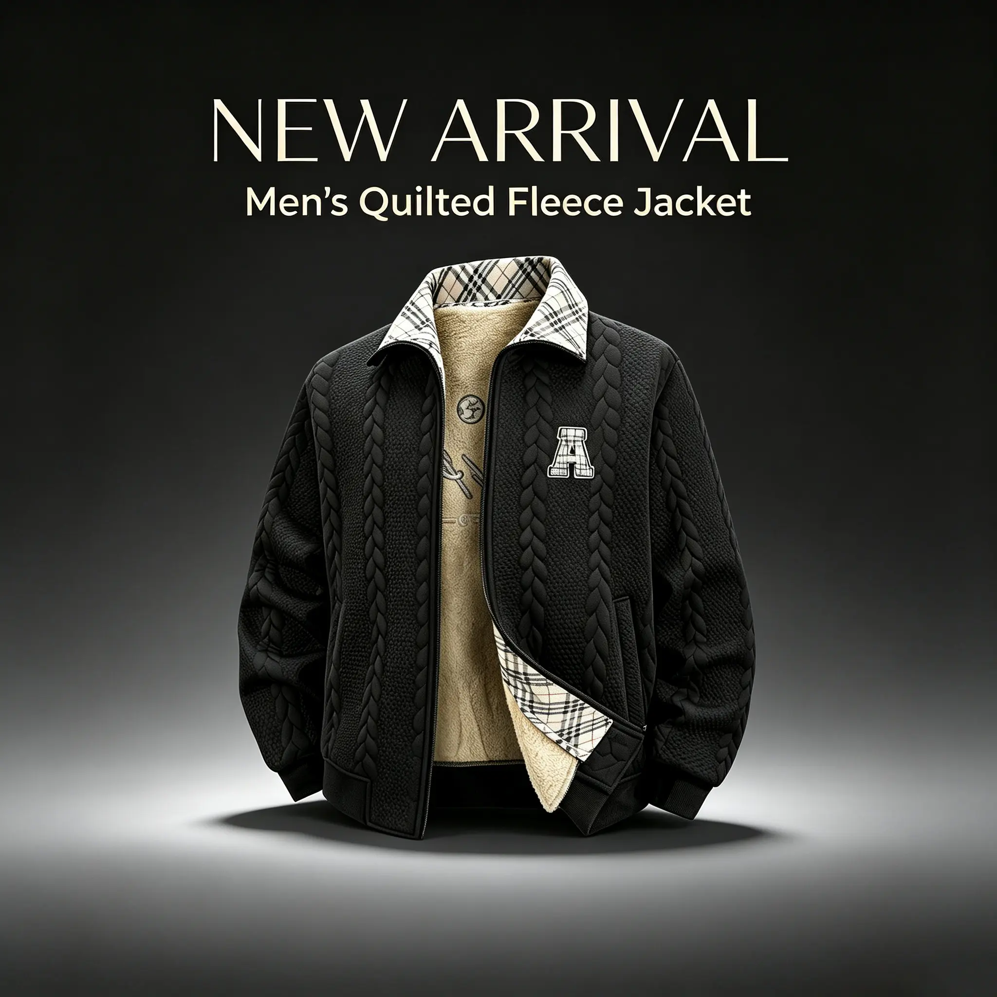 Men's Jacquard-Woven Fleece Coat, Menswear Casual Top with Thick Down Lining for Winter Warmth, Stylish Letter Embroidery Baseball Jacket for Everyday Streetwear