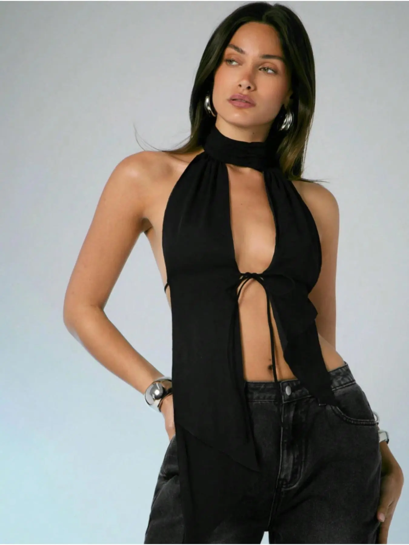 Sexy Halter Backless Top, Minimalist Hollow Out Design, Irregular Hemline, Slimming Short Sleeve Shirt, Perfect for Casual Wear