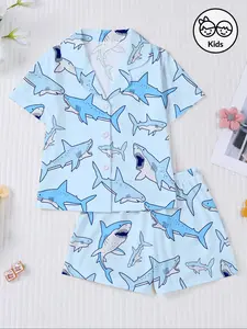 Kids Cartoon Shark Print Pajama Set, Snug Fit Pajamas, Fireproof Fabric, Cute Style Sleepwear, Short Sleeve Button Front Top & Elastic Shorts