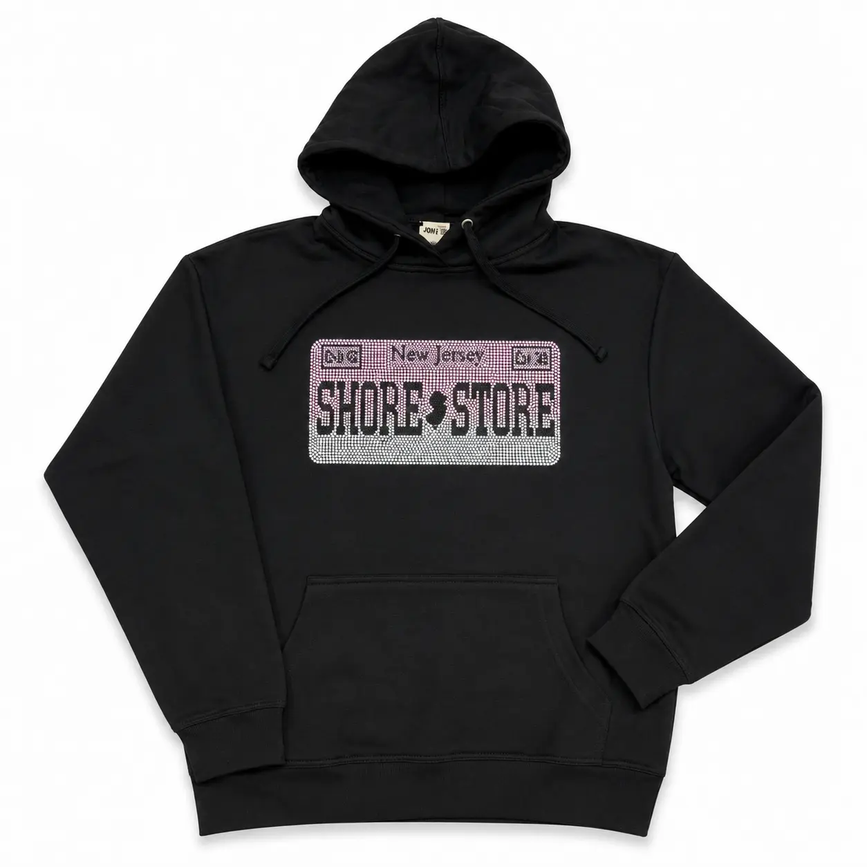 Shore Store Pink Rhinestone License Plate Hoodie | Jersey Shore Italian Pride Pullover | Sparkling Rhinestone Graphic | Unisex Black Hoodie | Shore Store Original | Sizes S to 5XL men gifts Sweatshirts Soft Pocket Cotton