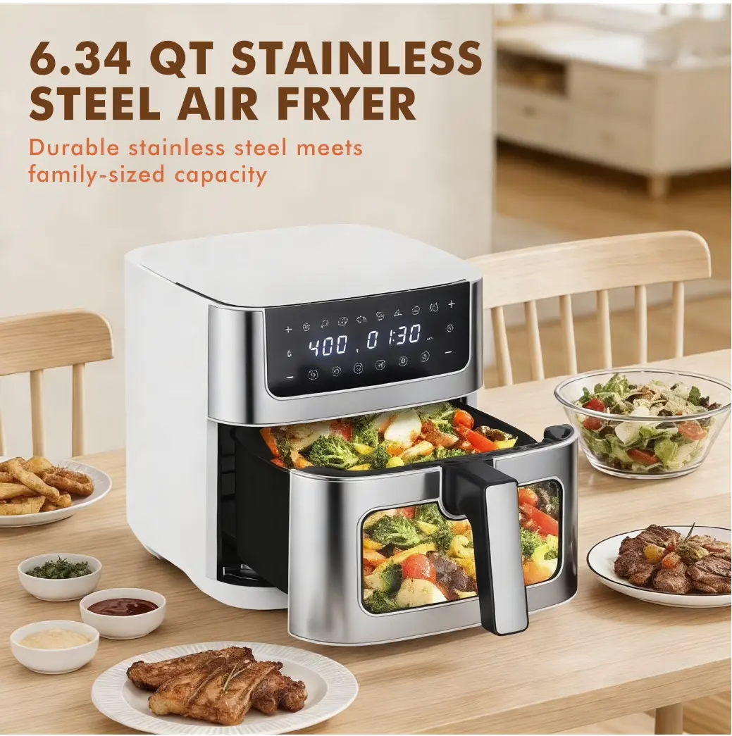 6 Quart Air Fryer, 9-in-1 Functions, Ceramic Coating, 90°–450°F, White