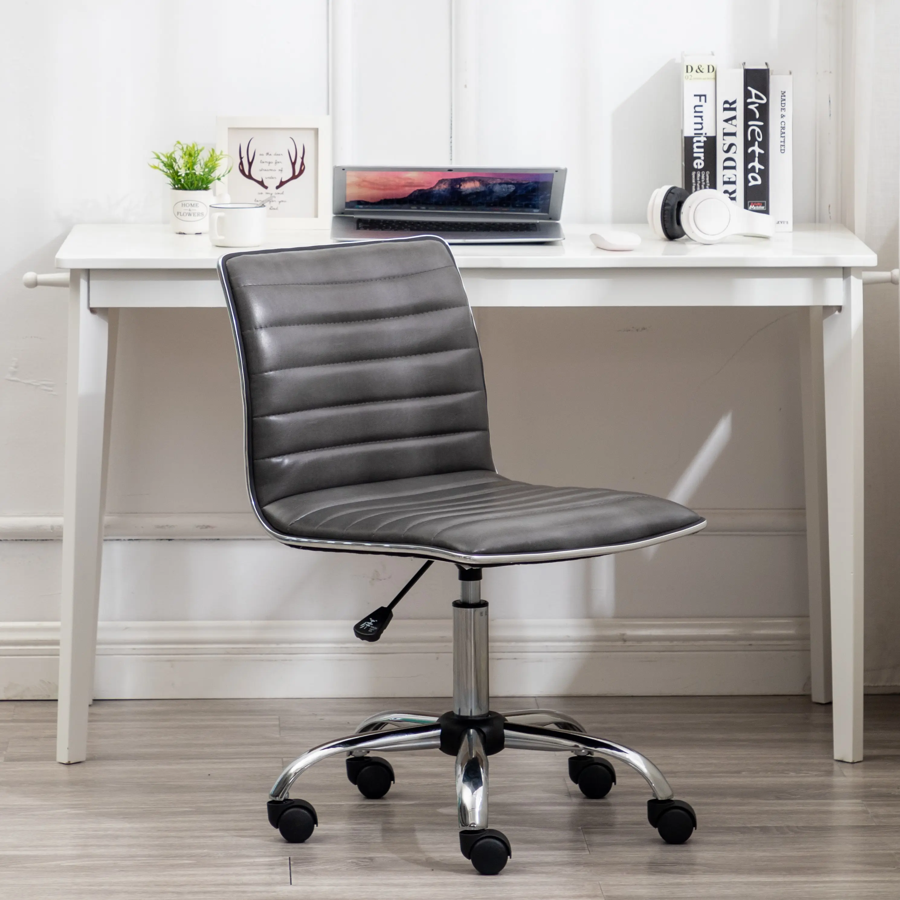 BTEXPERT PU Leather Mid-Back Armless Office Chair - 18 in W, 14.5 in H, 22 lbs, 31.25 in-36 in Adjustable H, Ribbed Texture, Chrome Border, Metal Swivel Base, Quality Material, Soft Upholstery, Commercial Designer Furniture (Gray, Assembly Required)