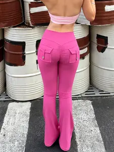 RECUITI Women's Yoga Flared Trousers, High Waist Elastic Breathable, Ruched Design, Dual Pockets, Sporty Style, All Seasons Workout Wear