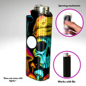 FLKR LYTR: Skull Mushroom Fidget Spinning lighter case, works with BIC, High quality polypropylene body for durability creative