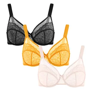 【3 Pack】 Enchante Lace Bra Set Floral Lace Underwire PLus Size Full Coverage Bra