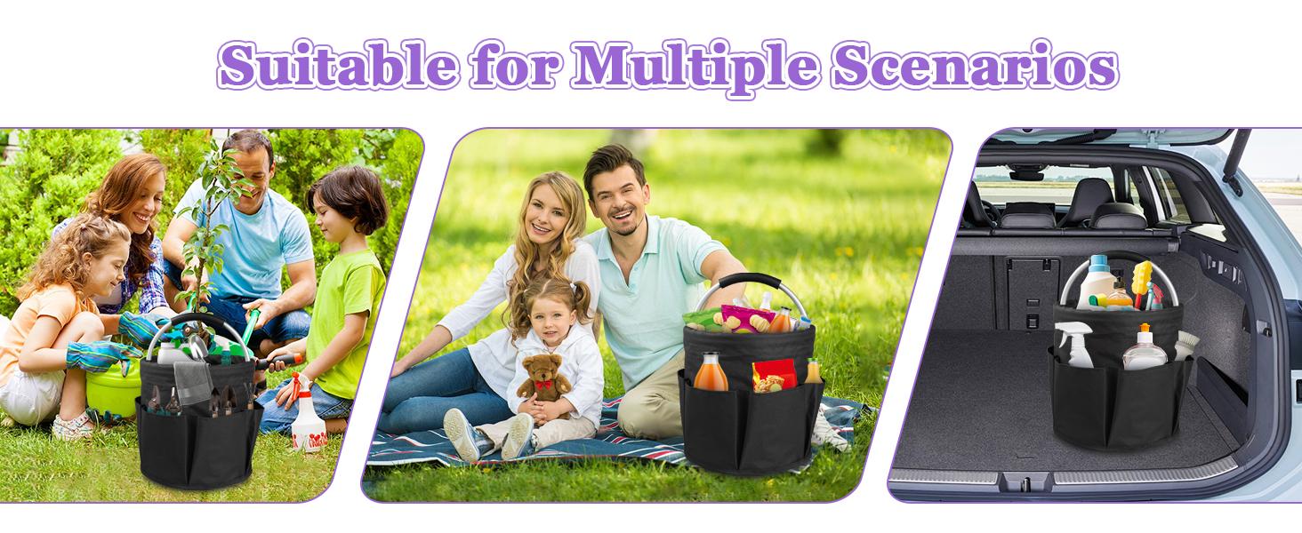 2Pcs Collapsible Cleaning Caddy with Handle, 17L Foldable Cleaning Supply Caddy, Bucket Tool Organizer in 600D Oxford Fabric, Multifunctional Storage Basket for Cleaning, Traveling, Black