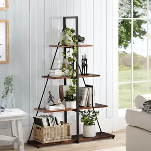 Industrial 4-Tier A-Shaped Ladder Bookshelf, Freestanding Tall Display Storage Shelf with Sturdy Metal Frame, Modern Open Bookcase Organizer for Home Office Decor, White Finish