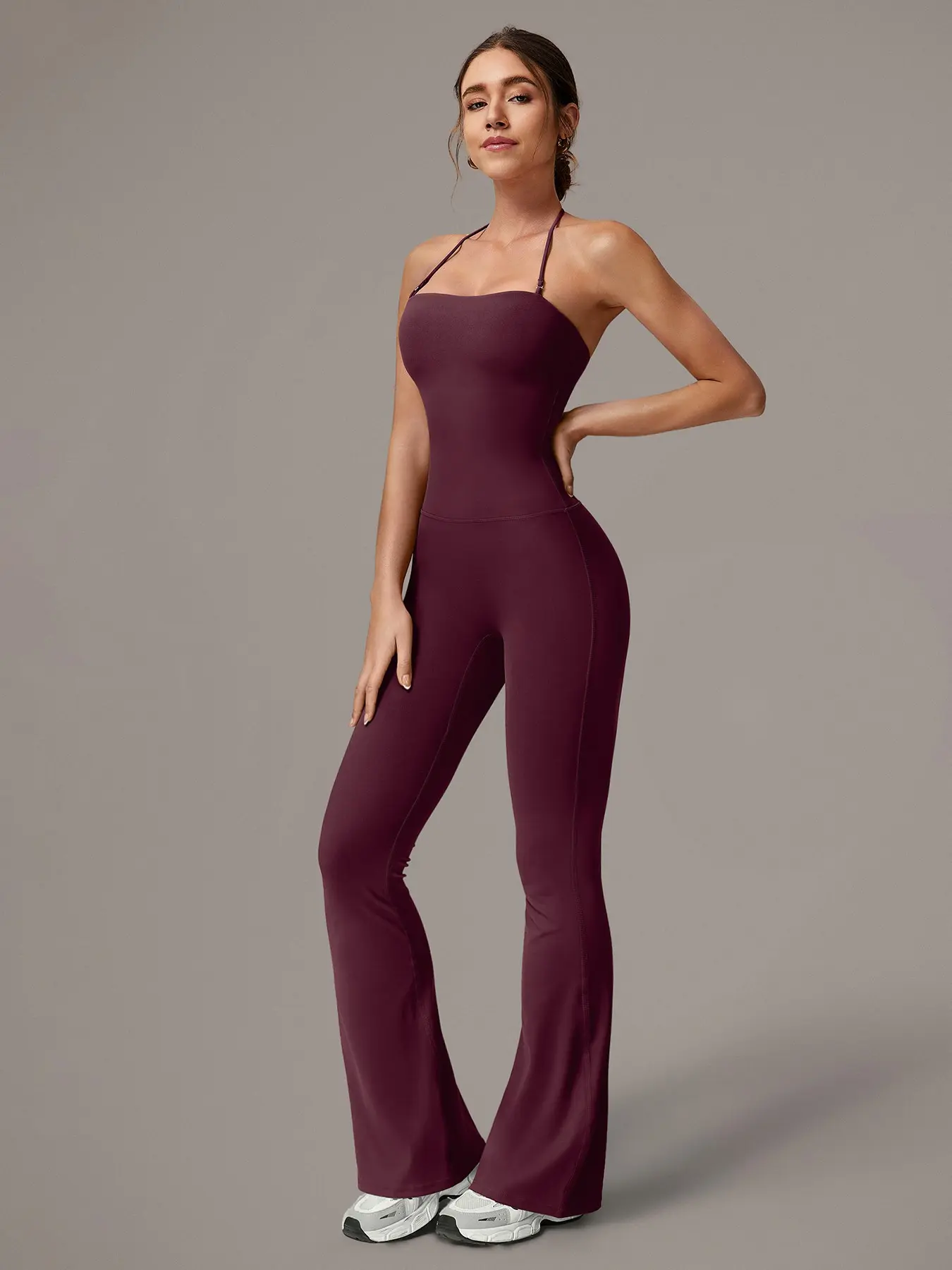 Women's Sportswear One-Piece Pants, Activewear Jumpsuit, High Elasticity Jumpsuit, Backless Design, Butterfly Bone Show, Flared Hem, High Elastic Fabric, Slimming Effect, Elegant Fit, Stretch Jumpsuit