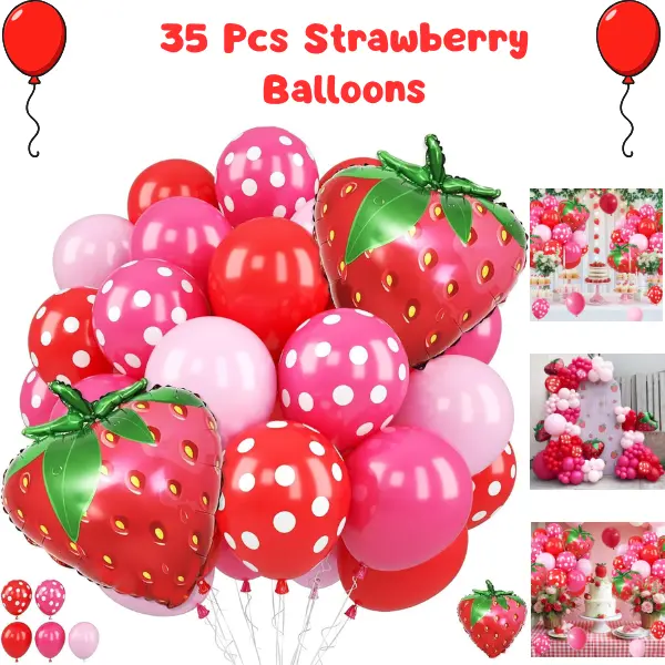 Strawberry Balloon Set, 12 Inch Red, Pink & Hot Pink Latex Balloons with Strawberry Foil Balloons for Berry Birthday, Baby Shower & Summer Party
