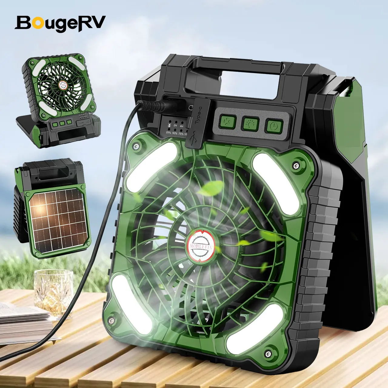 BougeRV Solar Camping Fan,Portable Fan with LED Lights, USB&Solar Rechargeable Fan Portable 90° Rotation Tent Fan with Hook, Mobile Hanging Fans for Outdoor Travel Camping Fishing, Desk Cooling Fan, Portable LED Fan, Fan USB, Portable Fan Usb Charging Fan