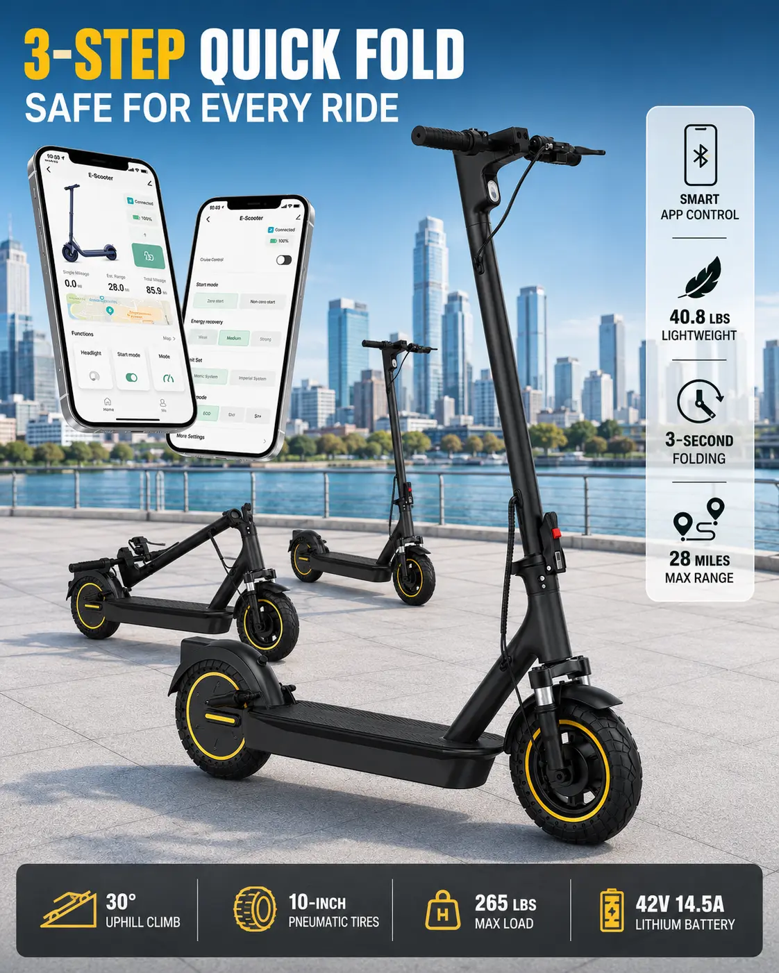 Adult Foldable Electric Commuter Scooter, 21MPH Max Speed, 28Mi Range, 42V 14.5Ah Long-Lasting Battery, 10-Inch All-Terrain Pneumatic Tires, 30° Hill Climb, Smart Bluetooth APP, High-Bright Night Light, Compact Portable Sports Outdoor Scooter Equipment