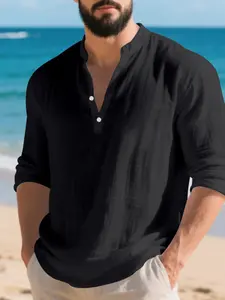 Men's Autumn Linen Fabric Henley Shirt, Casual Long Sleeve V Neck Fitted Top, Breathable Fashionable Daily Wear, Perfect for Fall Season