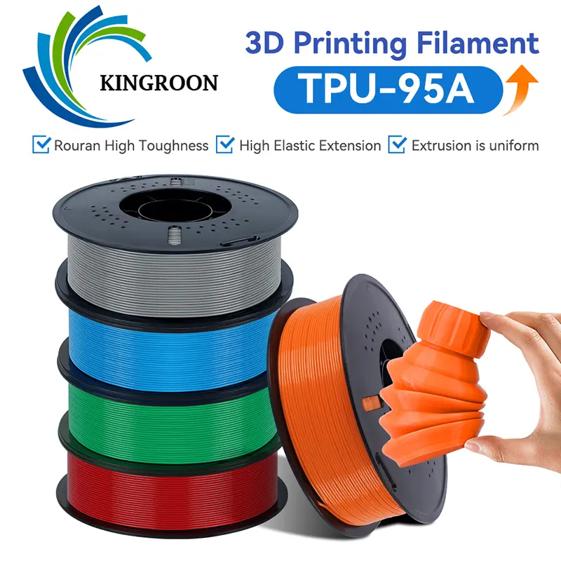 Kingroon 95A TPU filament, 1.75 mm; flexible TPU filament for 3D printers, non-clog filament, 1 kg spool (2.2 lb), precision ±0.03 mm, available in various popular colors.