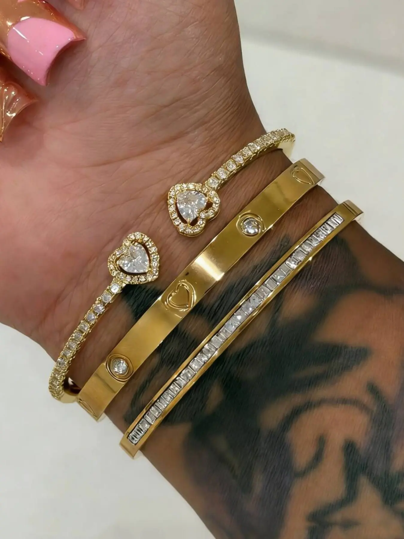 Women's 3pc Stainless Steel & 18k Heart Rhinestone Bangle Bracelet Set, Copper Inlay Artistic Design, Ideal for Daily Wear